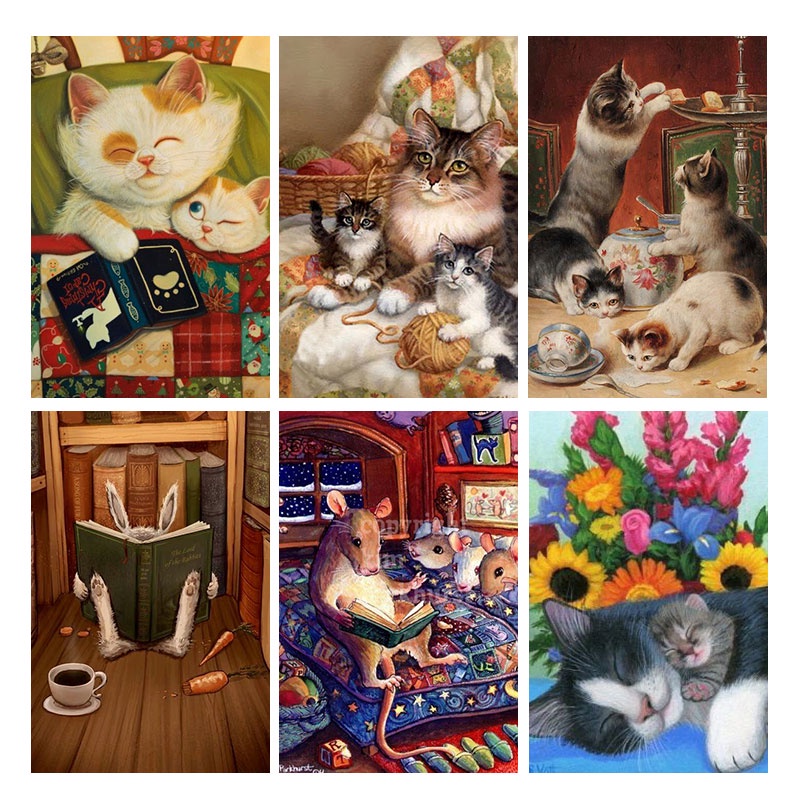 Bộ tranh đính đá tự làm họa tiết mèo hoạt hình kích thước 30x40cm
