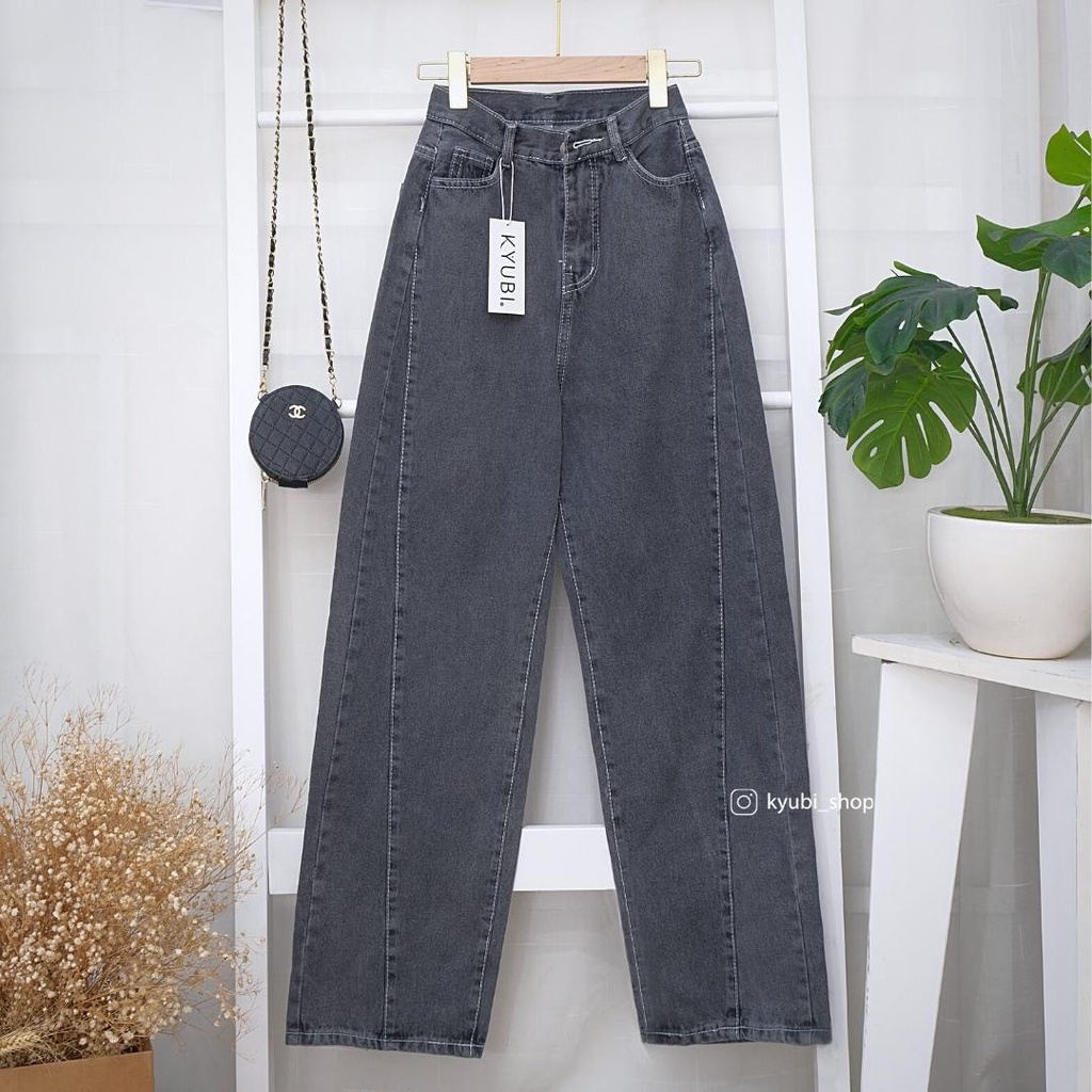 Quần jean Nữ Xám lưng cao KYUBI phong cách hiphop (Nhiều mẫu, Có BigSize) - Quần jeans ống rộng nữ ulzzang dài