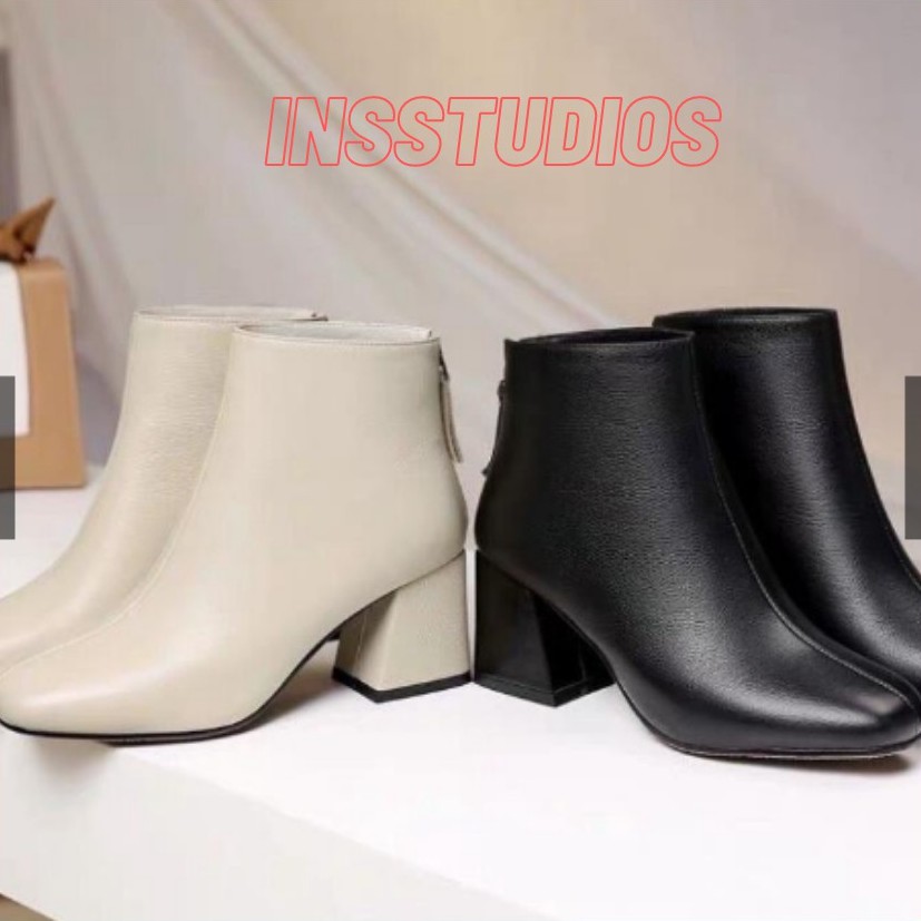 Bốt nữ thời trang cổ ngắn da lì khóa sau, bốt nữ cao gót mũi vuông lót lông nơ sau sành điệu phong cách mùa đông | BigBuy360 - bigbuy360.vn