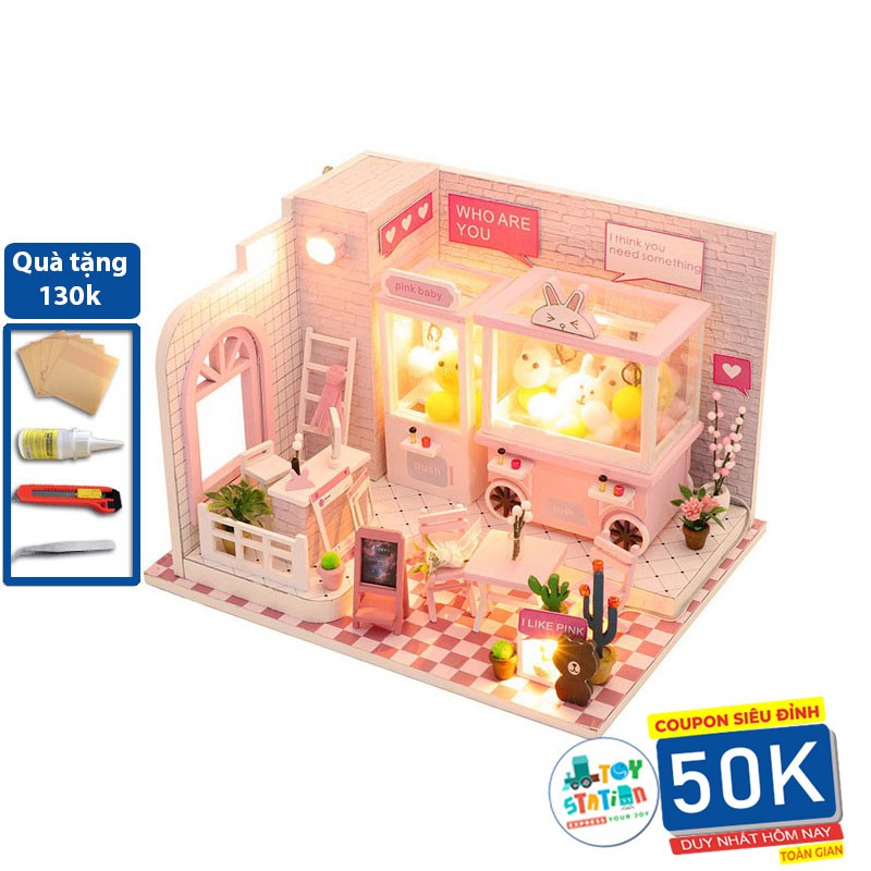 Mô hình NHÀ BÚP BÊ bằng gỗ có đèn led DOREMI PINK HONGDA C009 Tặng kem Mica và Bộ dụng cụ lắp ráp ToystationVN