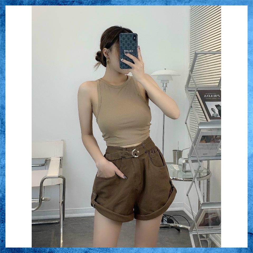 Quần shorts jeans, quần sooc bò lưng cao túi chéo gập gấu kèm đai kiểu dáng sang chảnh hot trend S1120