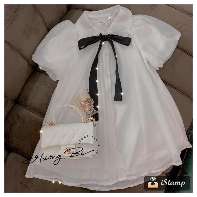 Áo Babydoll Voan Cổ Bèo Viền Ren Thắt Nơ Dáng Xòe - Áo Váy Babydoll Voan Giấu Quần Tay Bồng