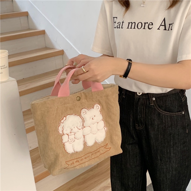 Túi Đựng Hộp Cơm Trưa Di Động Vải Nhung Mềm Thêu Hình Thỏ Hoạt Hình Dễ Thương