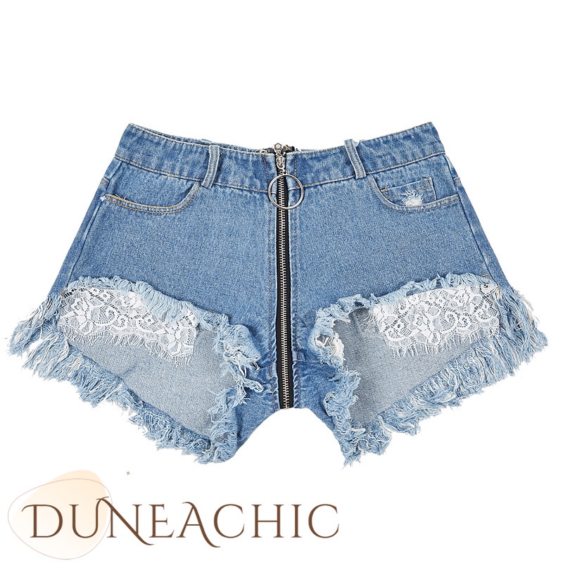 DUNEA Quần Short Denim Lưng Cao Thiết Kế Xẻ Rách Phong Cách Quyến Rũ