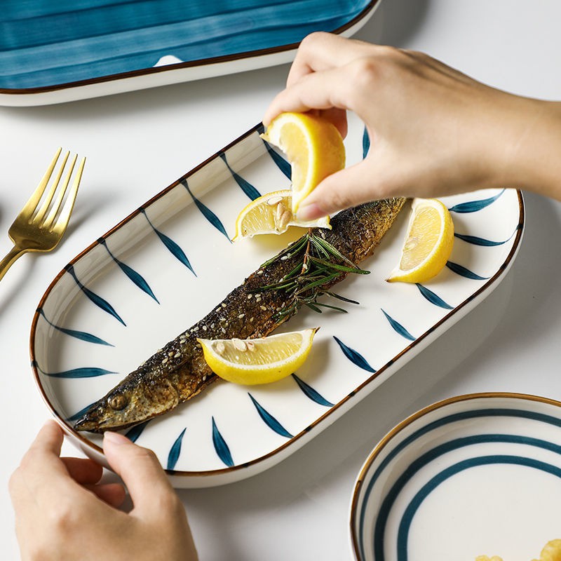 ◎✒Đĩa cá hấp Trang chủ Tính cách sáng tạo mới Nhà hàng gốm sứ Thương mại Net Bộ đồ ăn màu đỏ với đĩa Đĩa lớn Nhật Bản