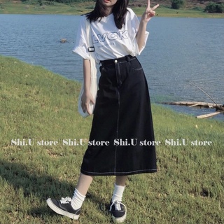 Chân váy jean chữ A dập chỉ nổi xẻ sau chân váy denim xẻ tà dáng dài phong cách retro Hàn Quốc
