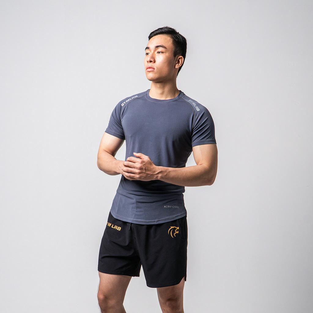 Áo thể thao tập gym nam Gymlab tay ngắn cổ tròn form fit vải poly thoáng mát - ARM LOGO