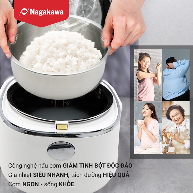 Nồi cơm điện tử, Nồi cơm tách đường 1.2L Nagakawa NAG0136 Màu Đen và Trắng Hàng Chính Hãng