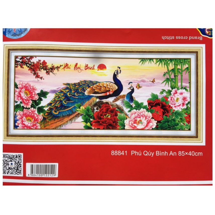 Tranh thêu chữ thập chim công - Phú quý bình an 88841(85 x 40 cm)