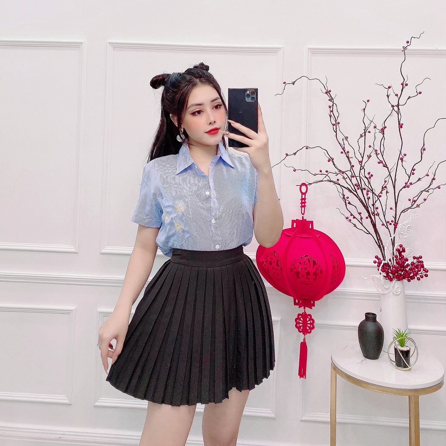 [HCM] Áo sơ mi nữ, áo nữ thêu hoa cúc nhí sọc xanh tay ngắn đủ size S M L [SKUA-11]
