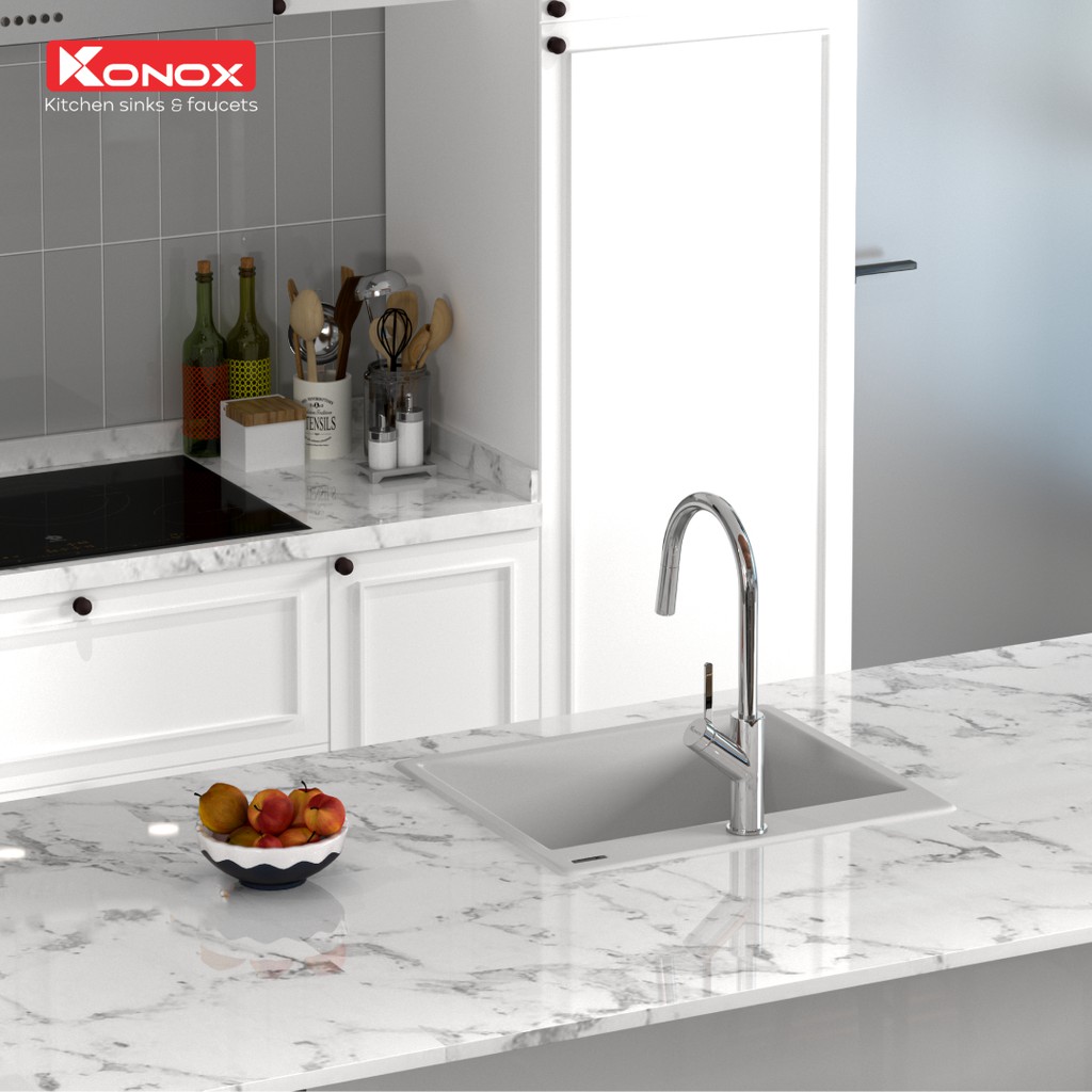 Chậu rửa bát đá KONOX Granite Series Ruvita 680 White Silver, Made in Italy, Full set gồm Siphon + Giá úp bát inox