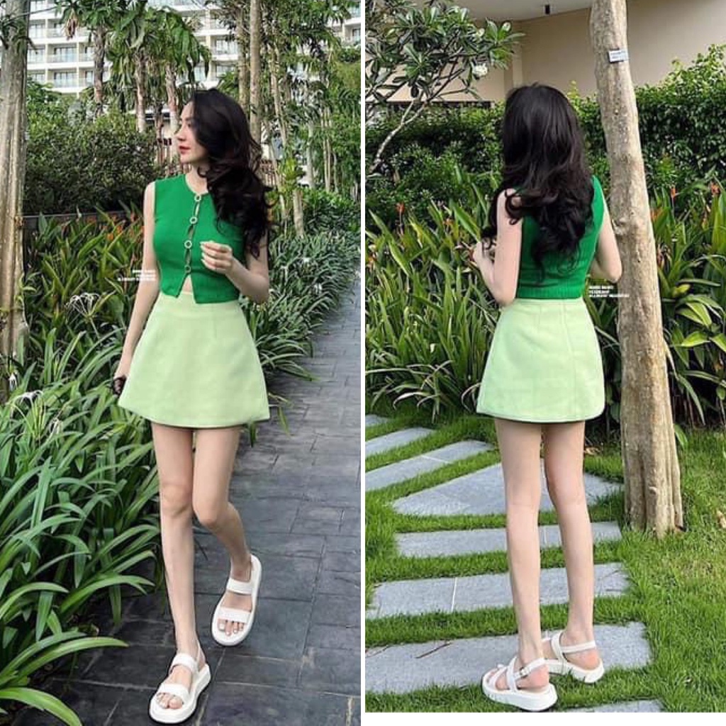 Set crop xanh 3 lỗ+chân váy KÈM ẢNH THẬT