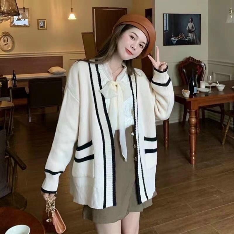 Áo khoác len cardigan có túi dáng dài đen phối viền hàng QC!