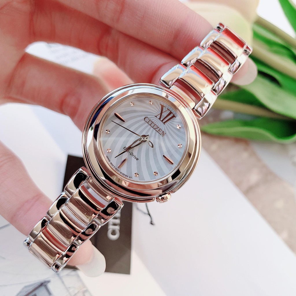 Đồng hồ Nữ chính hãng Citizen EM0335-51D Eco-Drive-Vàng hồng-Năng lượng ánh sáng-Dây kim loại thép không gỉ-Size 30mm