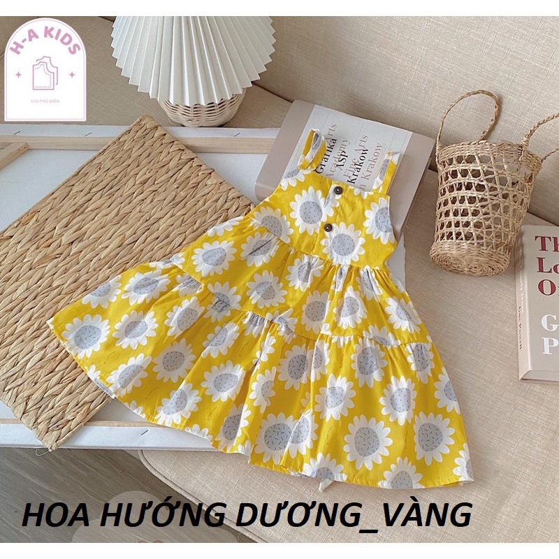 Váy bé gái 2 dây hoa hồng hở lưng 4 mầu Xanh,Vàng và Hồng XHN873