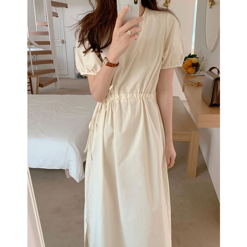 Đầm dài tay ngắn cổ tròn phối dây rút eo cao phong cách Hàn Quốc thời trang 44727