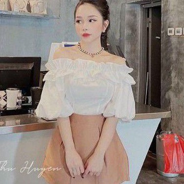Áo trễ vai tay phồng ngắn phối bèo (3 Màu ĐEN, TRẮNG, NUDE)❣