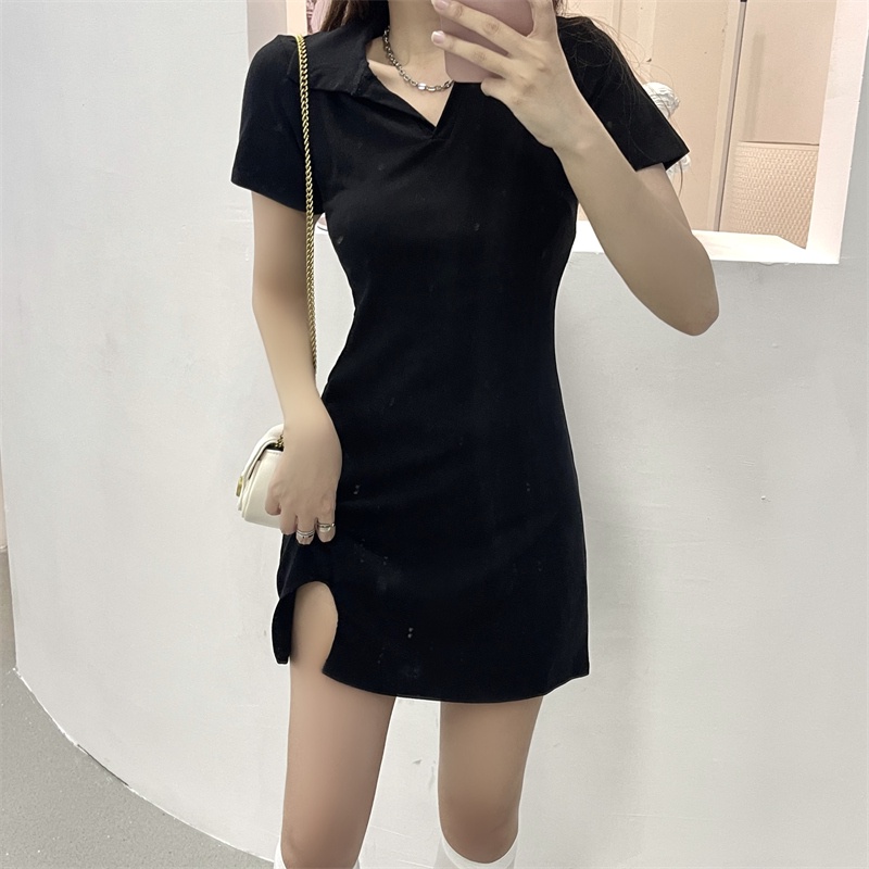 Đầm mini SUXI cổ chữ V màu đen trơn quyến rũ hợp thời trang hè