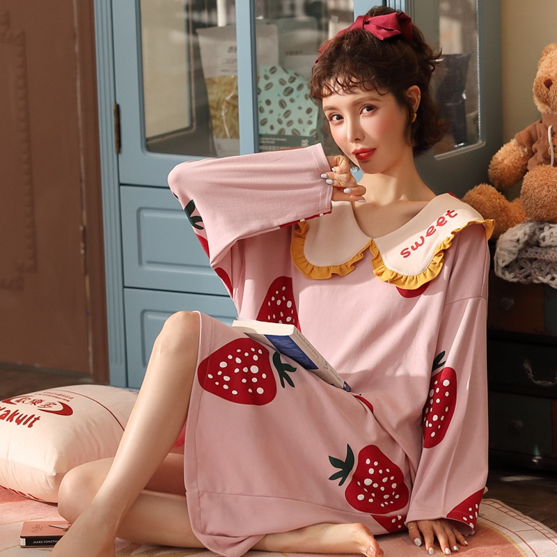 Đầm Ngủ Cotton Tay Dài In Họa Tiết Hoạt Hình Phong Cách Hàn Quốc Thời Trang Xuân Thu Cho Nữ