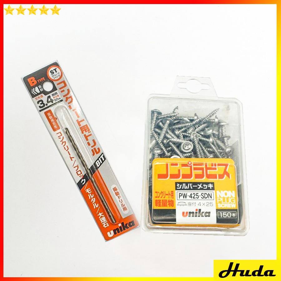 Vít bắn bê tông Unika M4 đầu dù + mũi khoan mồi B3.4mm