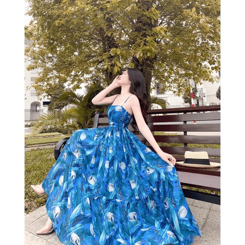 ĐẦM VOAN NỮ IN HOA DÁNG XÒE HAI DÂY THANH THOÁT NHƯ CÔNG CHÚA (HÀNG QUẢNG CHÂU)