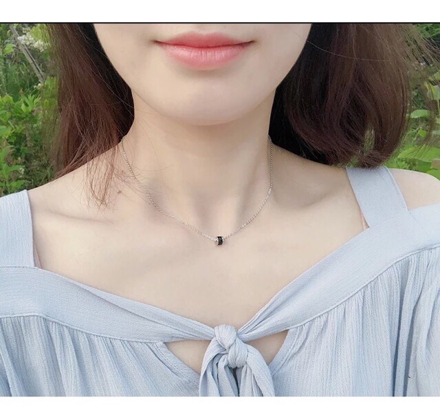 Choker dây chuyền bạc ý 30% (khắc mã s925) hạt bi, dây chuyền đá đen hàn quốc kiểu đơn giản mà xinh cực lạ