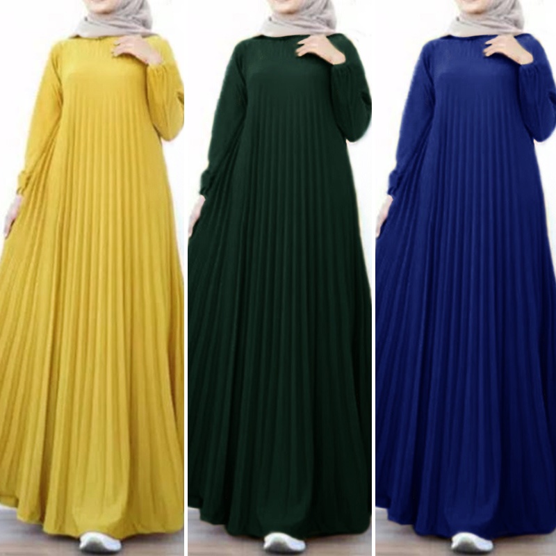 Áo đầm dài maxi ZANZEA cổ tròn xếp ly dáng rộng cơ bản phong cách Hồi giáo dành cho nữ