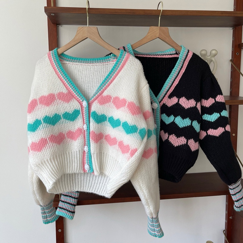 Áo Khoác Cardigan Dệt Kim Mỏng Cài Nút Họa Tiết Trái Tim Nhiều Màu Sắc Ngọt Ngào Cho Nữ