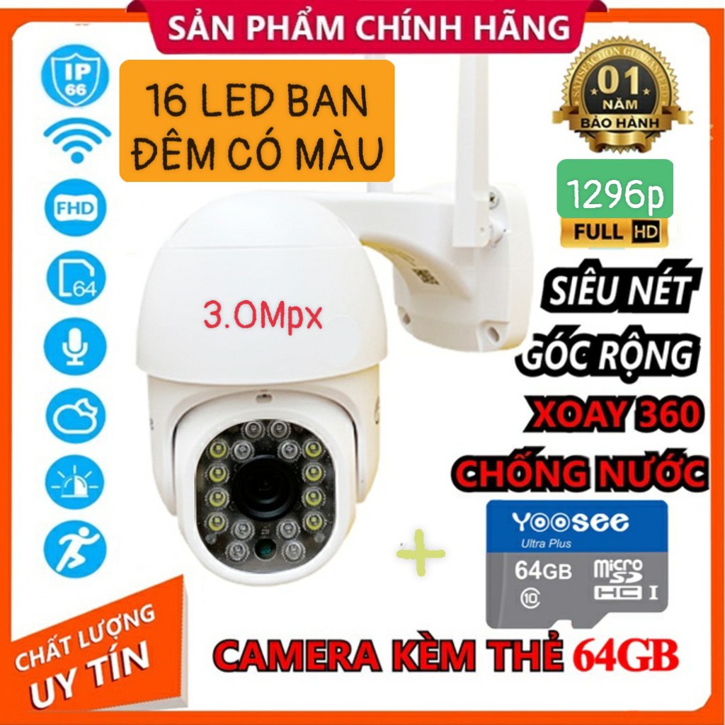 Camera Yossee PTZ Xoay 360đ 3.0mpx (1296mpx), chống nước, Đàm thoại 2 chiều, Báo động chống trộm