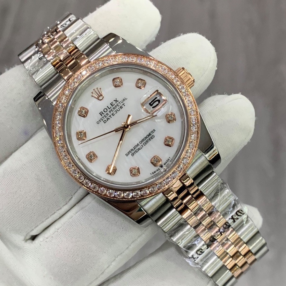 Đồng Hồ Nam RoLex DayJust Sapphire RA25 Mặt Trắng viền đá Máy cơ Automatic Nhật