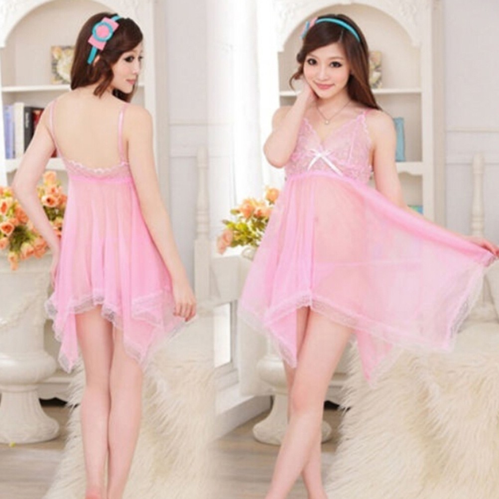 Set Đầm Ngủ Phối Ren Hoa + Quần Lót Cột Dây Quyến Rũ
