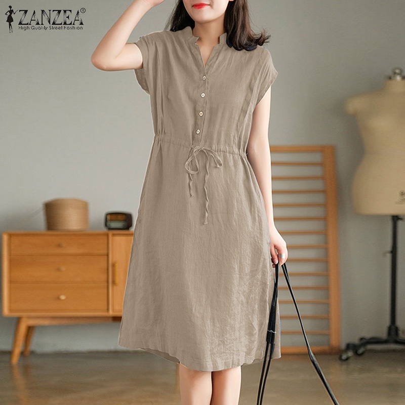 Đầm dài không tay có túi trước eo dây rút ZANZEA thời trang cho nữ