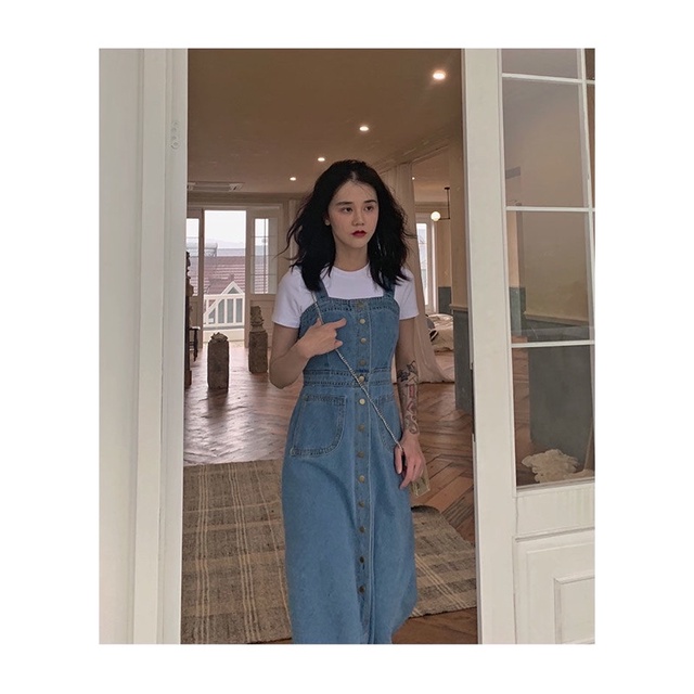Váy Yếm Jeans Xẻ Trước Dáng Dài Kiểu Dáng Retro