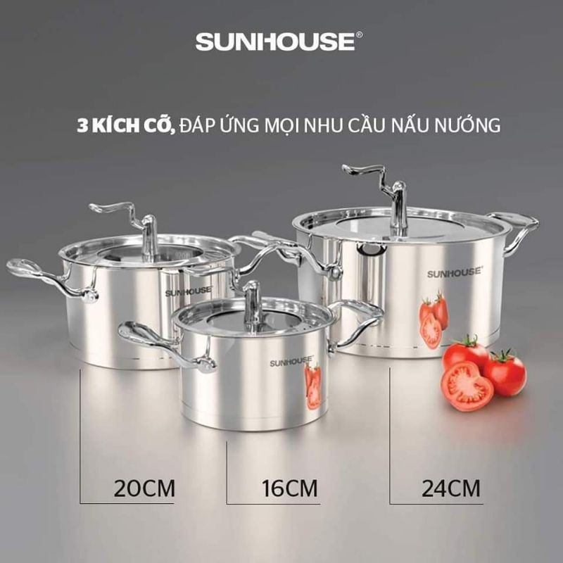 NỒI INOX CAO CẤP 5 ĐÁY SUNHOUSE SHG2516/2520/2524MSA size 16/20/24cm