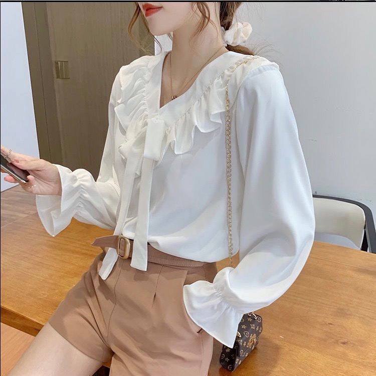 Áo Kiểu Nữ V-neck Lace Shirt Ruffle Temperament Long Sleeve Top