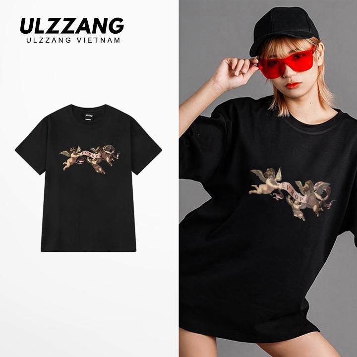 Áo thun tay lỡ ULZZANG cotton dáng unisex form rộng in hình angel evropa | BigBuy360 - bigbuy360.vn
