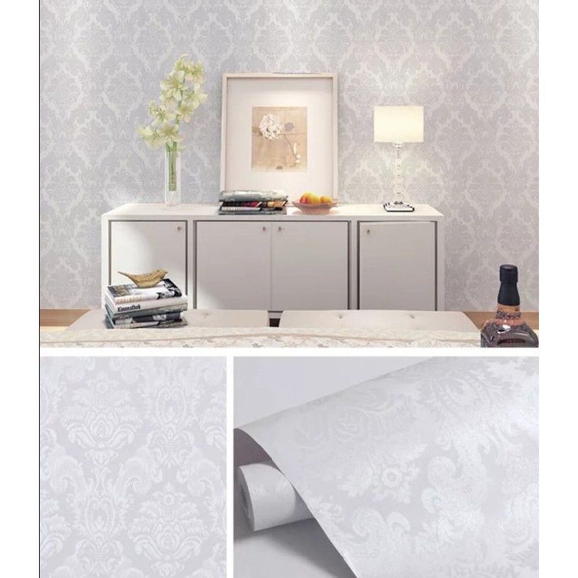 Decal giấy dán tường châu âu hoa văn trắng khổ 45cm keo sẵn