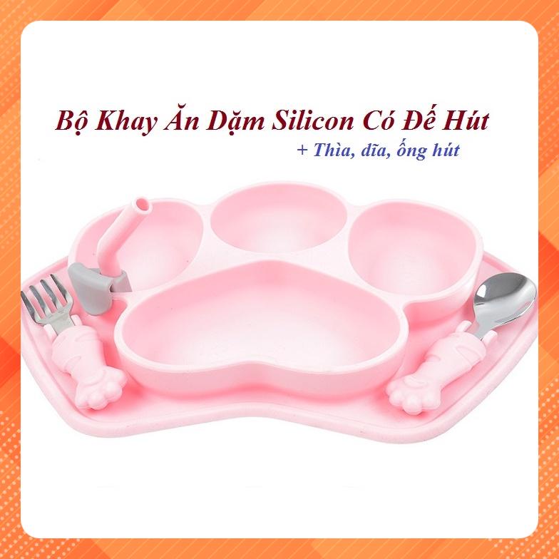 Khay Ăn Dặm Silicon Có Đế Hút Dính Cho Bé Hình Gấu Kèm Thìa, Dĩa, Ống Hút. Tặng Cọ Ống Hút