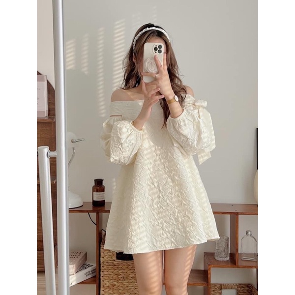 [HÀNG SẴN] Áo trễ vai tiểu thư thắt nơ bên - Váy Trễ Vai Thắt Nơ Dáng Babydoll Xòe Hai Lớp Chất Tafta
