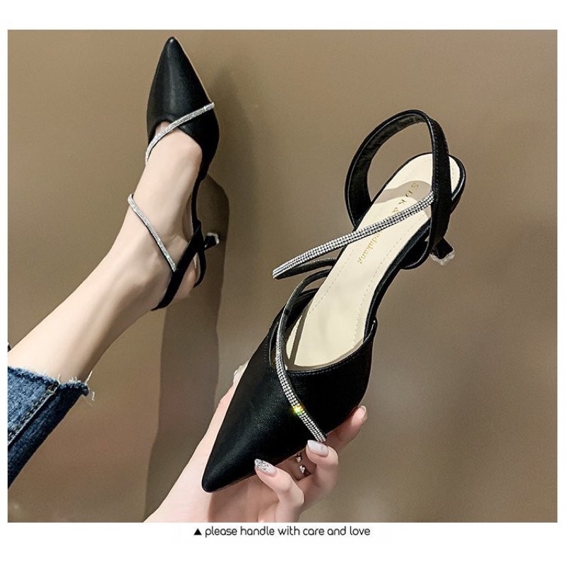 Giày cao gót nhọn 7p bít mũi dây xoàn chéo hông