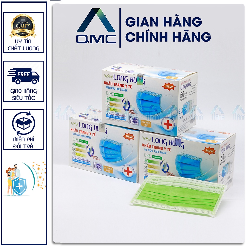 &lt;Hot&gt; Khẩu trang y tế 4 lớp kháng khuẩn màu xanh lá, hộp 50c #QMC