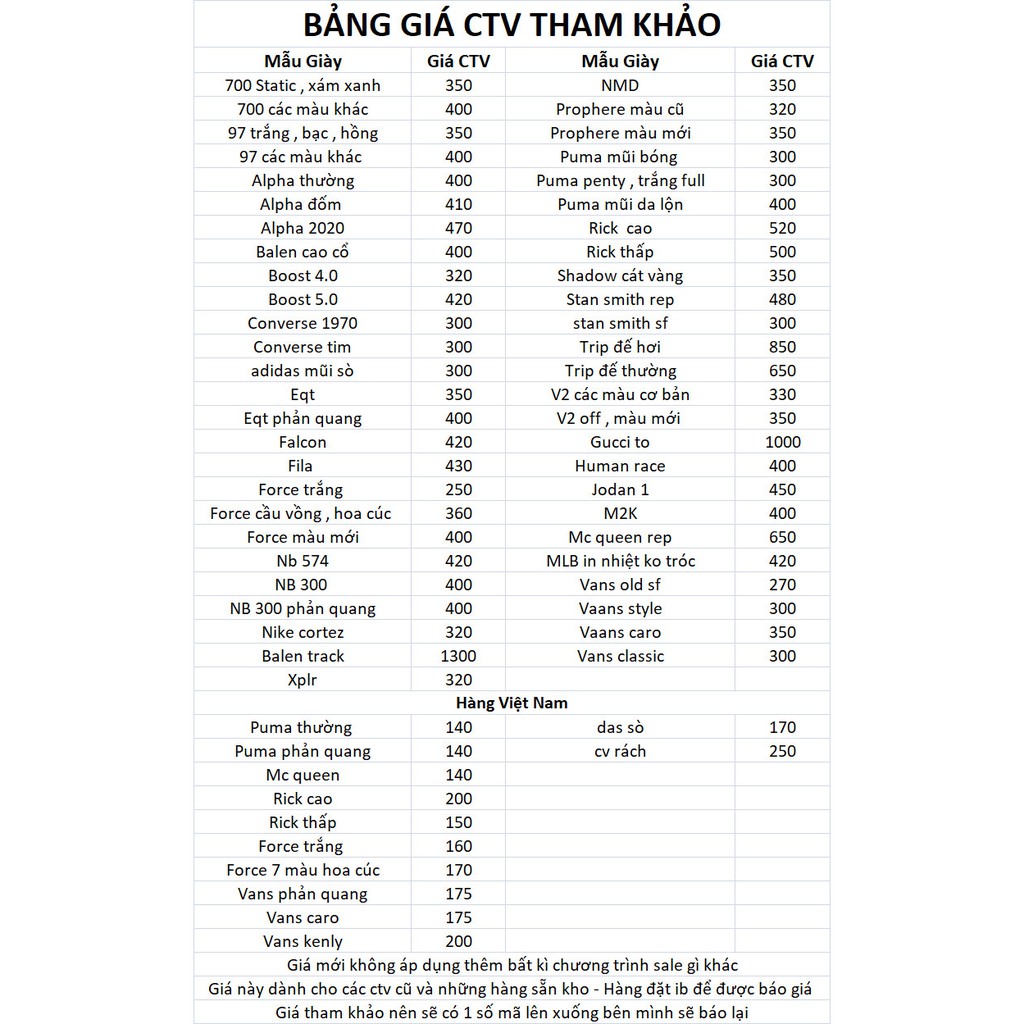 Bảng giá ctv . .