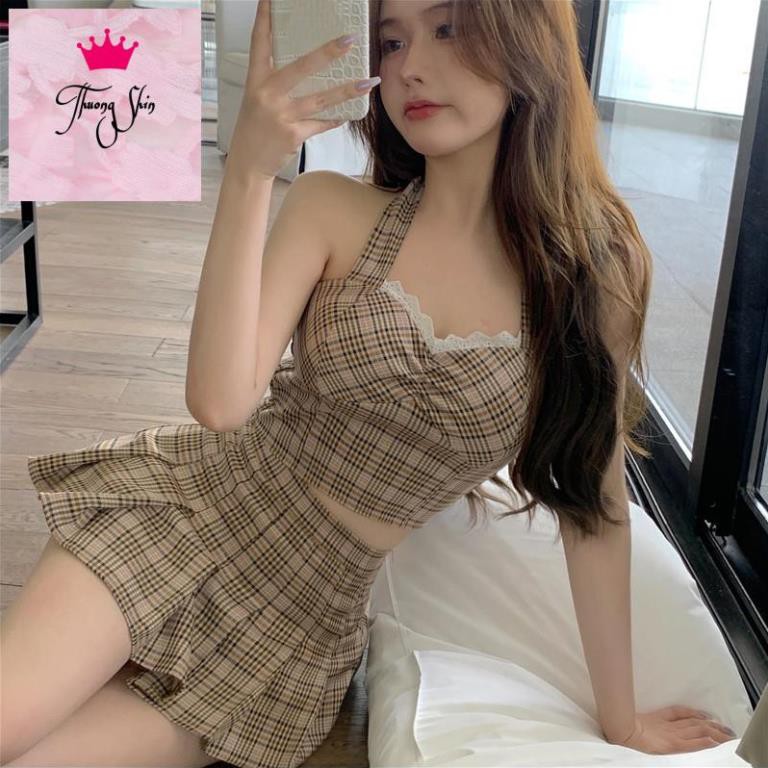 (ORDER) Set Áo hai dây cúp ngực kẻ sọc thon eo+ Chân váy xòe ngắn xếp ly style đi biển sexy