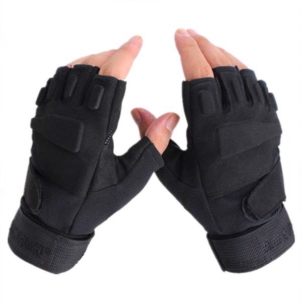 Găng tay đi phượt tập Gym Black Hawk ngón cụt đen