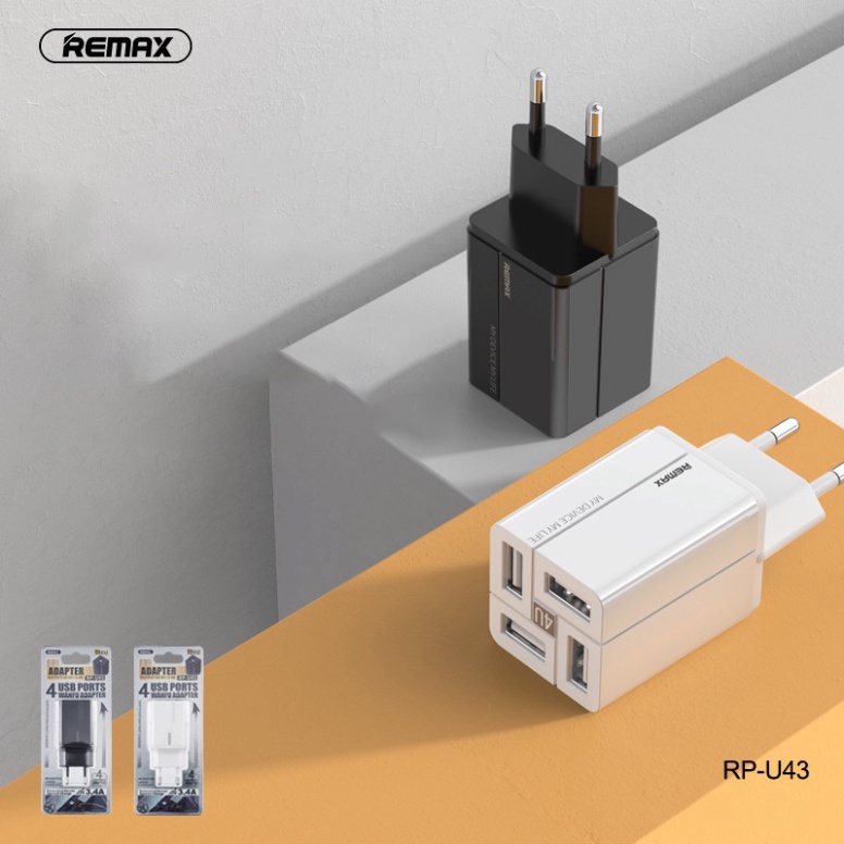 Củ Sạc 4 Cổng USB Chính Hãng Remax RP-43 Sạc Được Nhiều Thiết Bị Cùng Lúc Nhỏ Gọn Tiện Dụng