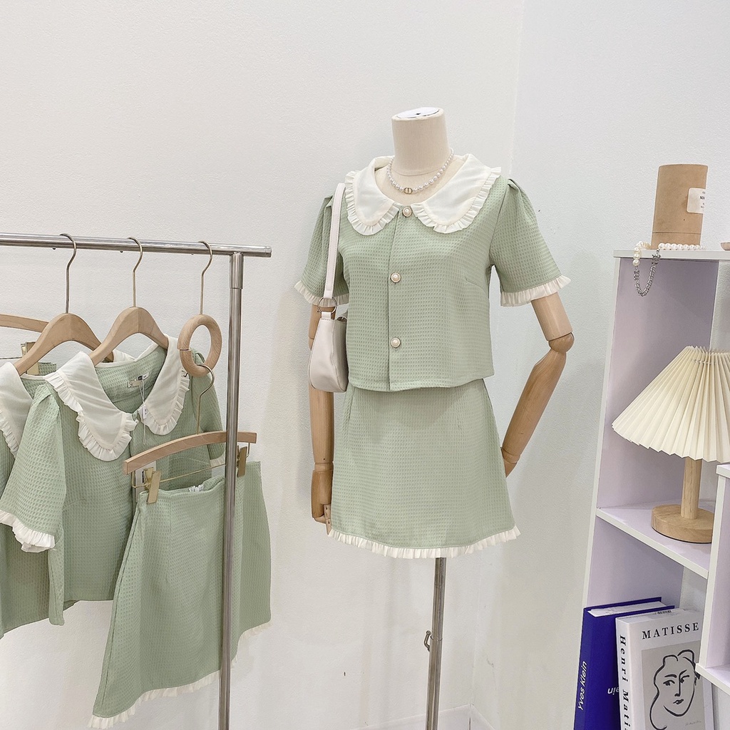 Set bộ chân váy chữ A và áo cổ sen phối bèo màu xanh size SM- ROSE STORE