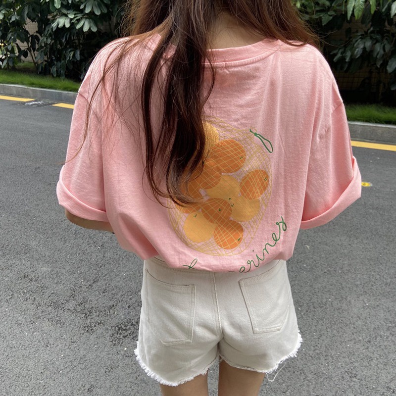 Áo thun ZHELIHANGFEI ngắn tay dáng rộng in hình quả cam dễ thương