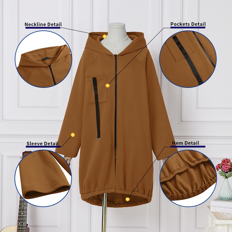 Áo khoác ZANZEA có mũ trùm dáng dài tay dài màu trơn phối khóa kéo trước thời trang thường ngày cho nữ