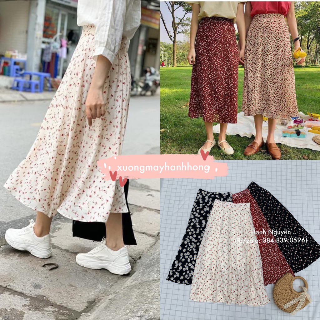Chân váy hoa nhí đuôi cá midi 3 tầng - Xưởng May Hạnh Hồng