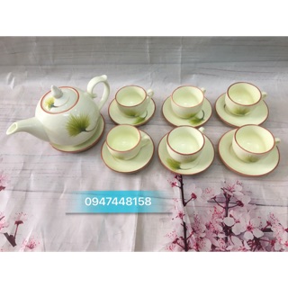Bộ ấm chén Bát Tràng - men kem vẽ cành cọ